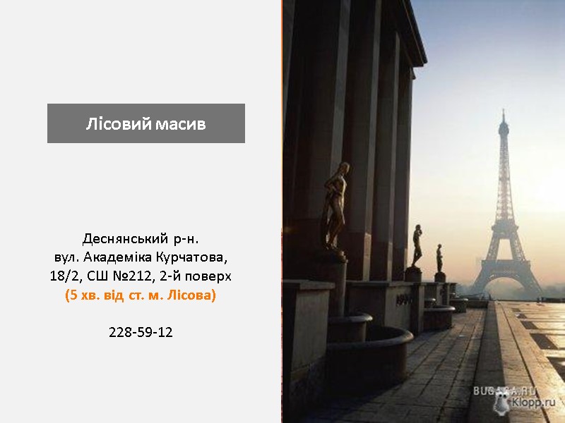 Лісовий масив Деснянський р-н. вул. Академіка Курчатова, 18/2, CШ №212, 2-й поверх (5 хв.